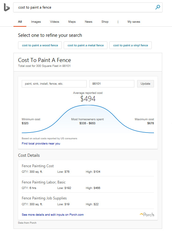 Bing has also added a "Home Services" feature allowing you to see the typical price range for service - the screenshot shows an example for "cost to paint a fence"
