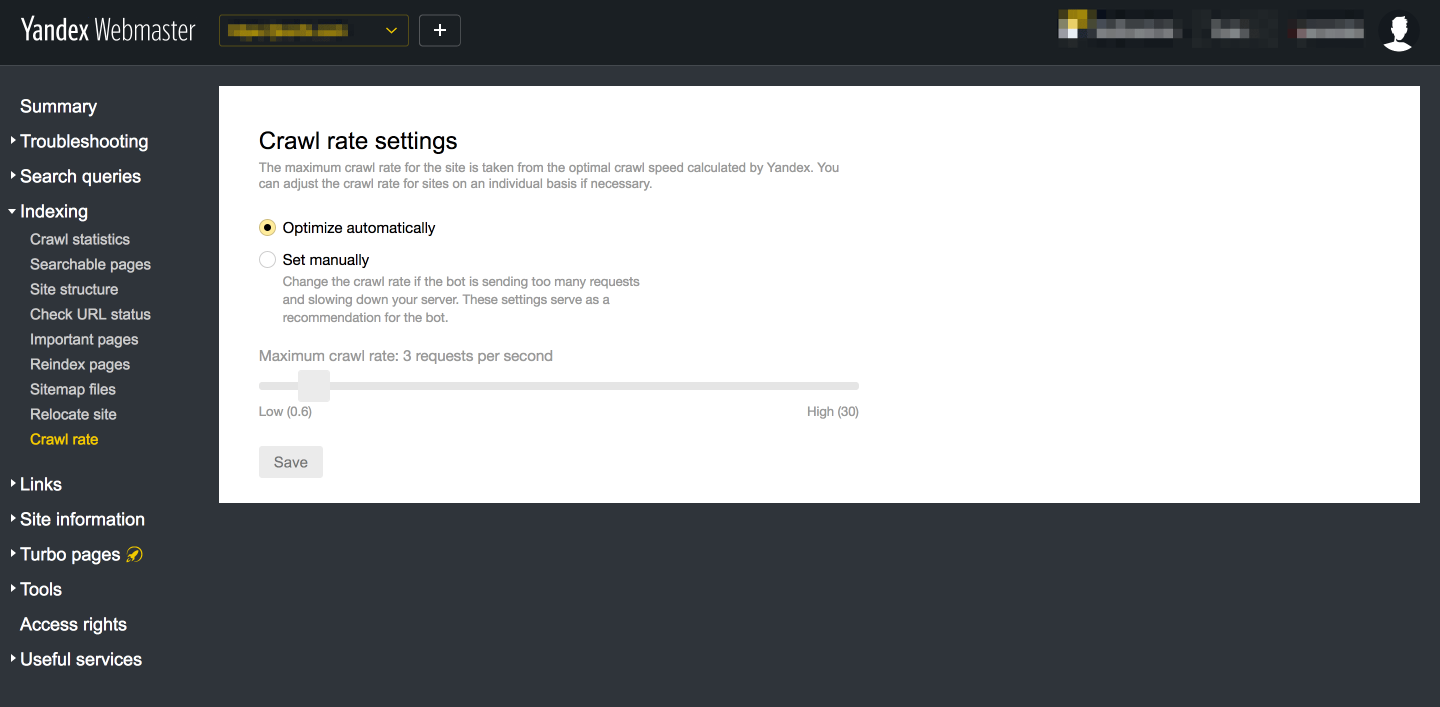 Yandex Crawl Rate Settings for implementing a crawl delay within Yandex Webmaster Tools